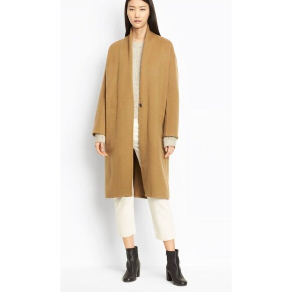 VINCE High Collar V-Neck Coat Wool Camel Coat Brown Tan Size Small - Picture 1 of 4